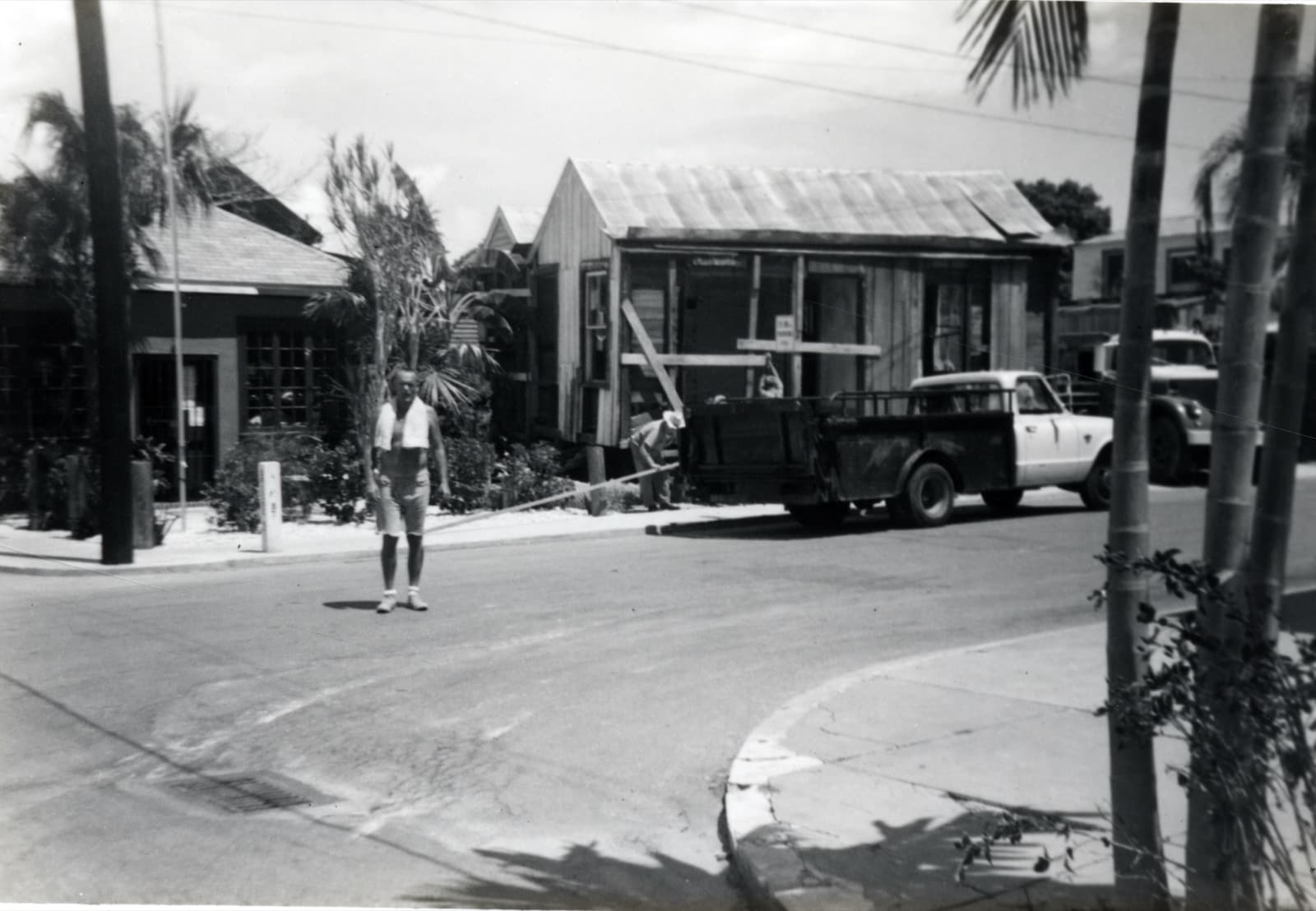 A house being moved down a street in Key West, Florida in 1969